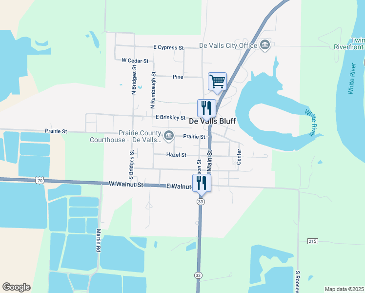 map of restaurants, bars, coffee shops, grocery stores, and more near 213 South Magnolia Street in De Valls Bluff