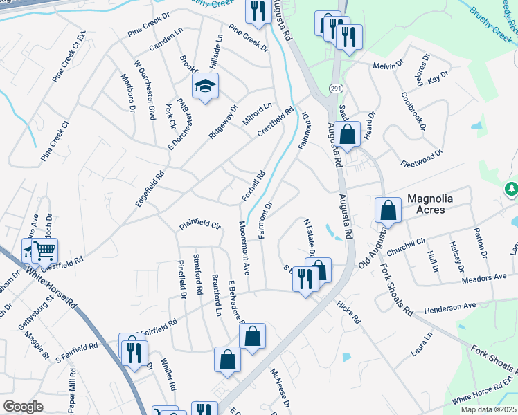 map of restaurants, bars, coffee shops, grocery stores, and more near 314 Fairmont Drive in Greenville