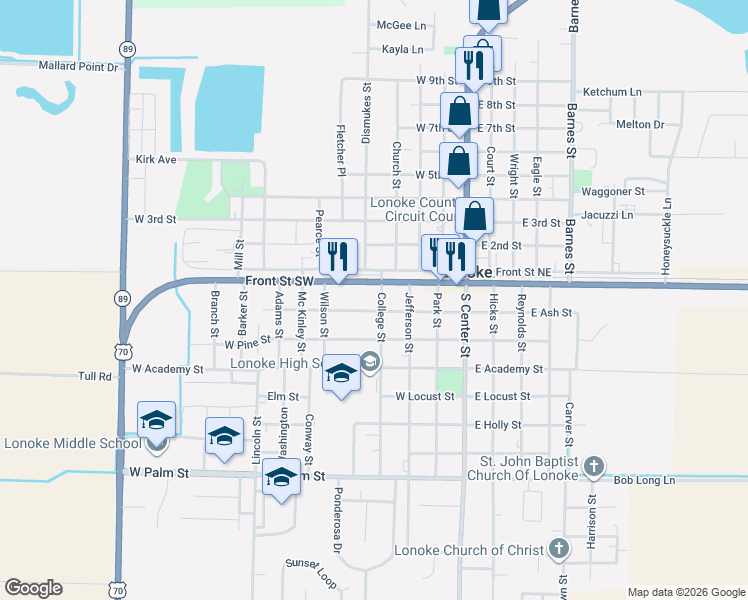 map of restaurants, bars, coffee shops, grocery stores, and more near 115 College Street in Lonoke