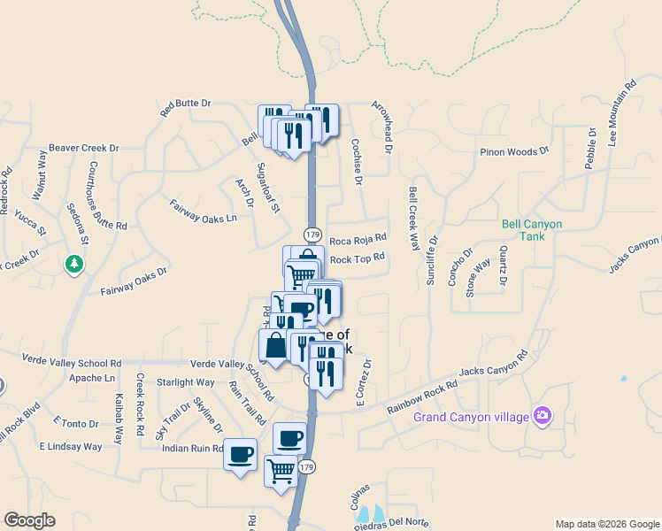 map of restaurants, bars, coffee shops, grocery stores, and more near 10 Rock Top Road in Sedona