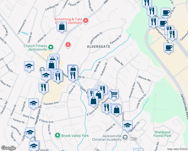 map of restaurants, bars, coffee shops, grocery stores, and more near 173 Audubon Drive in Jacksonville