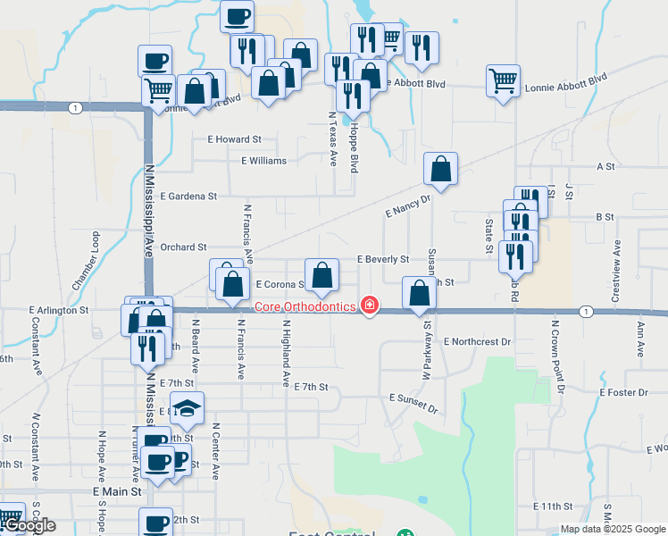 map of restaurants, bars, coffee shops, grocery stores, and more near 914 North Texas Avenue in Ada