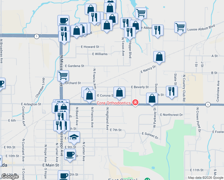 map of restaurants, bars, coffee shops, grocery stores, and more near 1103 East Beverly Street in Ada
