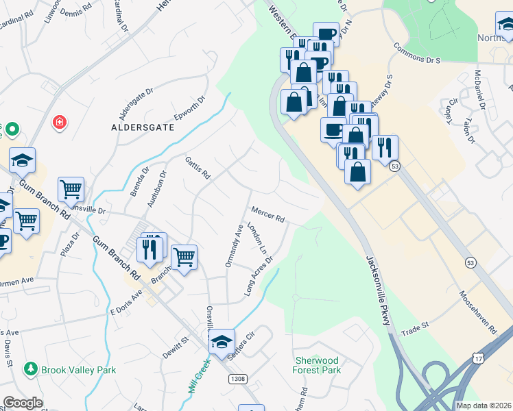 map of restaurants, bars, coffee shops, grocery stores, and more near 101 Mercer Road in Jacksonville