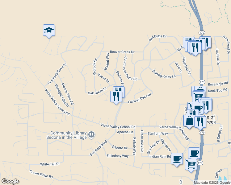 map of restaurants, bars, coffee shops, grocery stores, and more near 15 Cathedral Rock Drive in Sedona