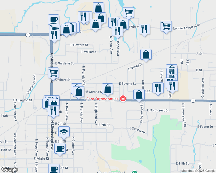 map of restaurants, bars, coffee shops, grocery stores, and more near 914 North Texas Avenue in Ada