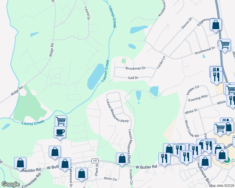 map of restaurants, bars, coffee shops, grocery stores, and more near 509 Laurel Meadows Parkway in Greenville