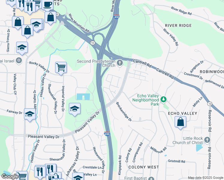 map of restaurants, bars, coffee shops, grocery stores, and more near 441 Cambridge Place Drive in Little Rock