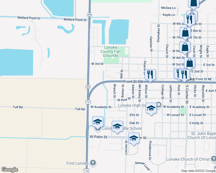 map of restaurants, bars, coffee shops, grocery stores, and more near 1121 Front Street Southwest in Lonoke