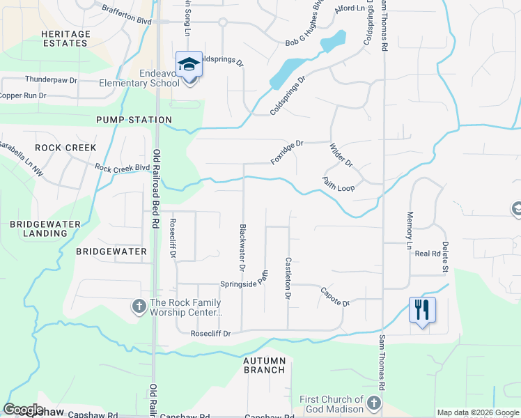map of restaurants, bars, coffee shops, grocery stores, and more near 153 Springside Path in Harvest