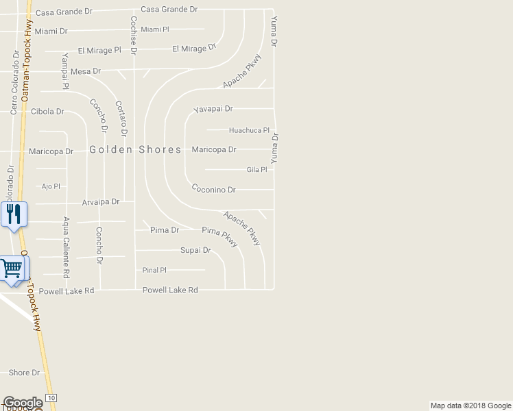 map of restaurants, bars, coffee shops, grocery stores, and more near 5461 Apache Drive in Topock