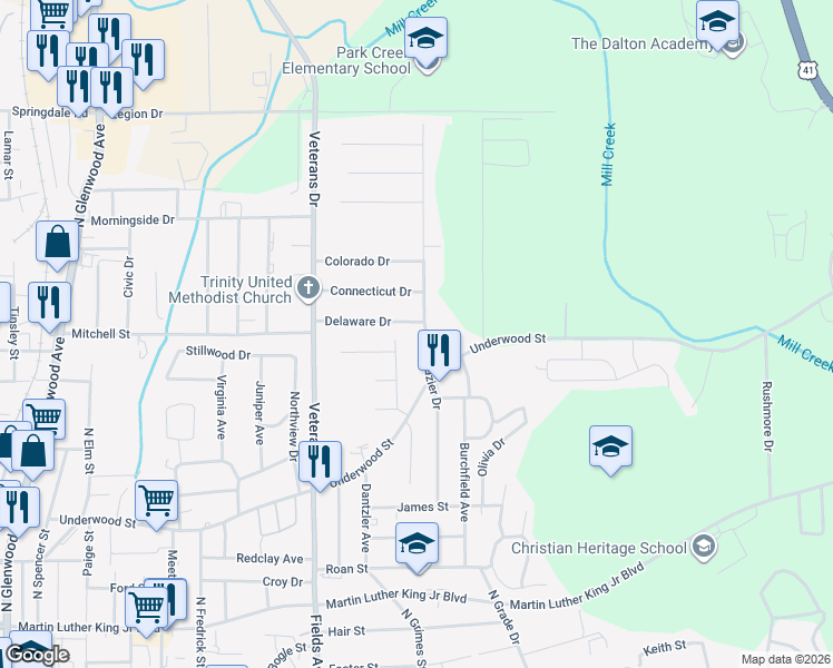 map of restaurants, bars, coffee shops, grocery stores, and more near 829 Frazier Dr in Dalton