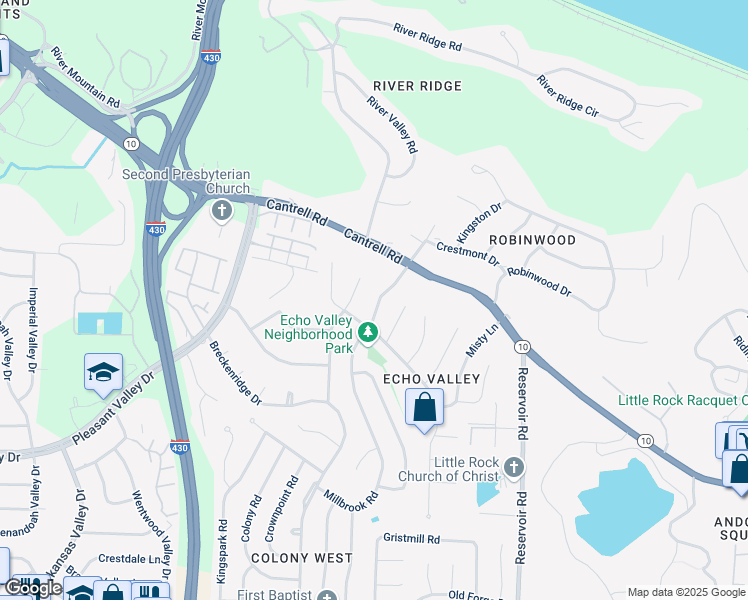 map of restaurants, bars, coffee shops, grocery stores, and more near 3320 Millbrook Road in Little Rock