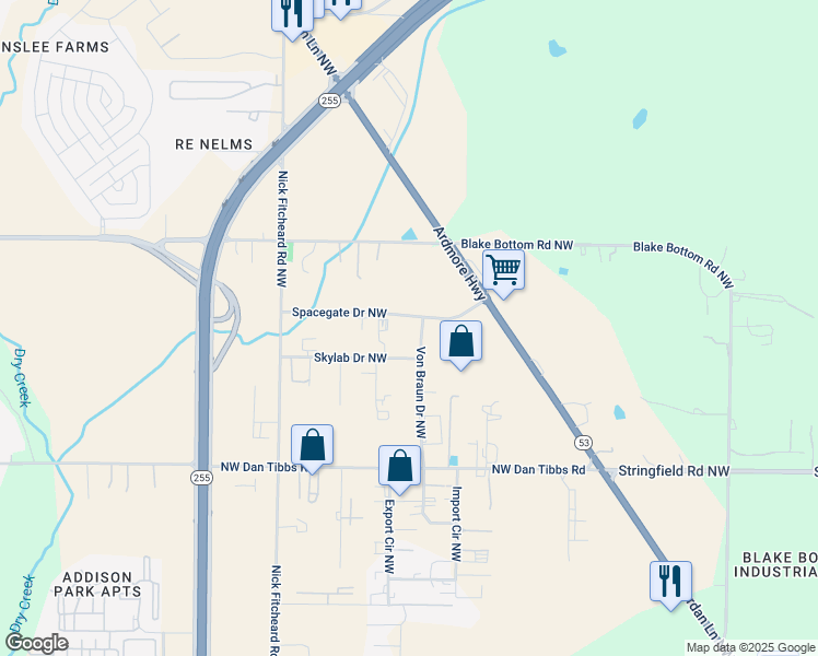 map of restaurants, bars, coffee shops, grocery stores, and more near 104 Spacegate Drive Northwest in Huntsville