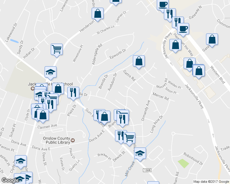 map of restaurants, bars, coffee shops, grocery stores, and more near 512 Ashley Place in Jacksonville