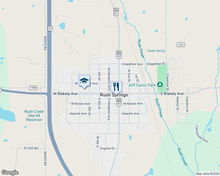 map of restaurants, bars, coffee shops, grocery stores, and more near 106 Hampton Road in Rush Springs