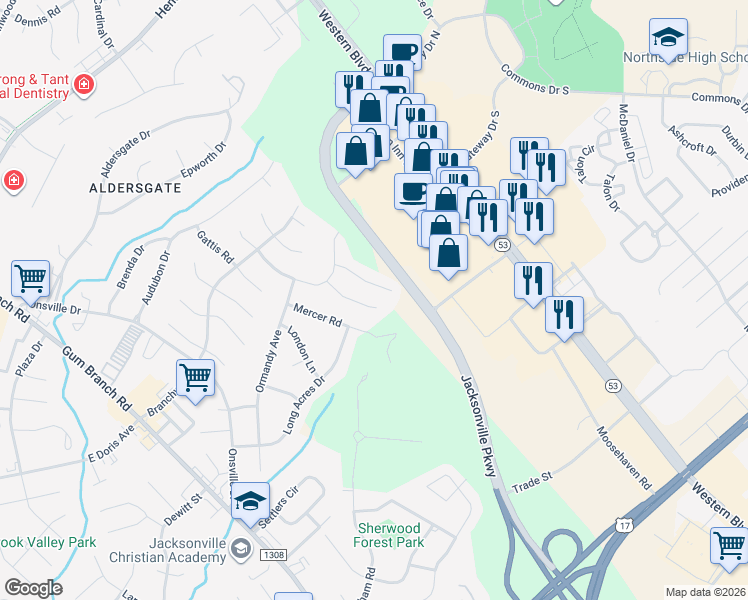 map of restaurants, bars, coffee shops, grocery stores, and more near 415 Sitton Place in Jacksonville
