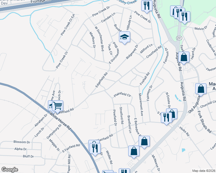 map of restaurants, bars, coffee shops, grocery stores, and more near 512 Crestfield Road in Greenville