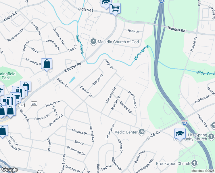 map of restaurants, bars, coffee shops, grocery stores, and more near 971 Fargo Street in Mauldin