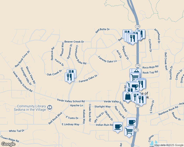 map of restaurants, bars, coffee shops, grocery stores, and more near 80 Wild Turkey Rd in Sedona