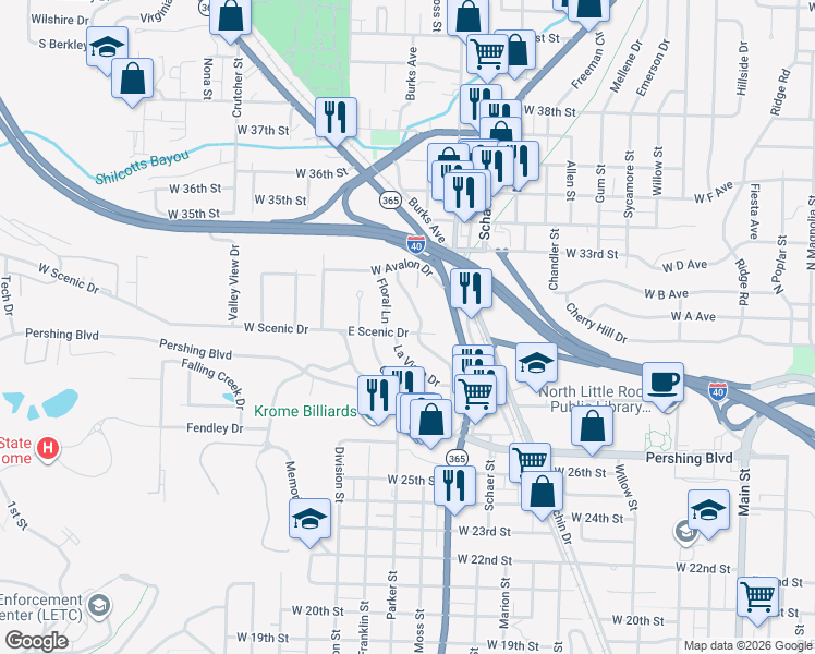map of restaurants, bars, coffee shops, grocery stores, and more near 307 East Scenic Drive in North Little Rock