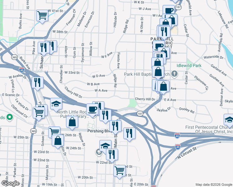 map of restaurants, bars, coffee shops, grocery stores, and more near 524 W A Ave in North Little Rock