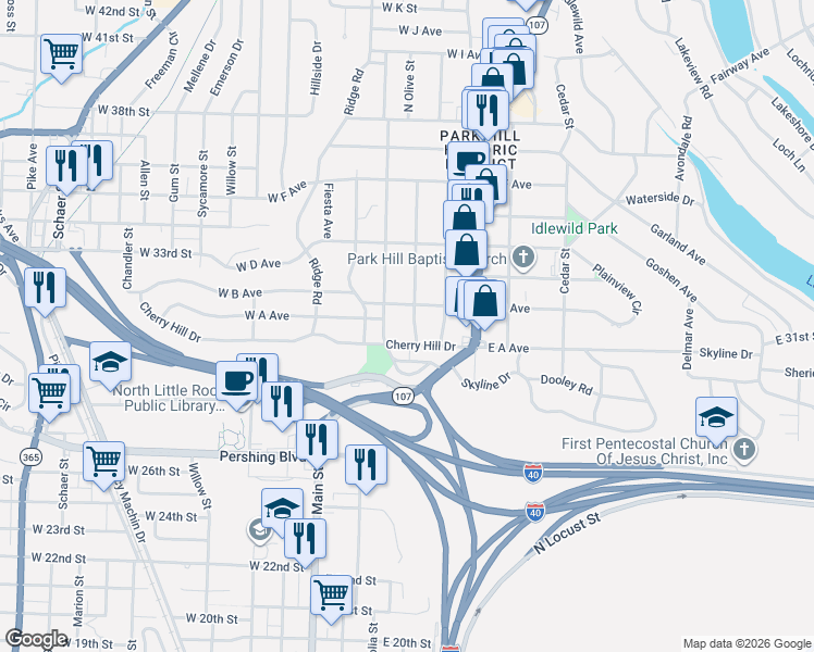 map of restaurants, bars, coffee shops, grocery stores, and more near 3119 North Olive Street in North Little Rock