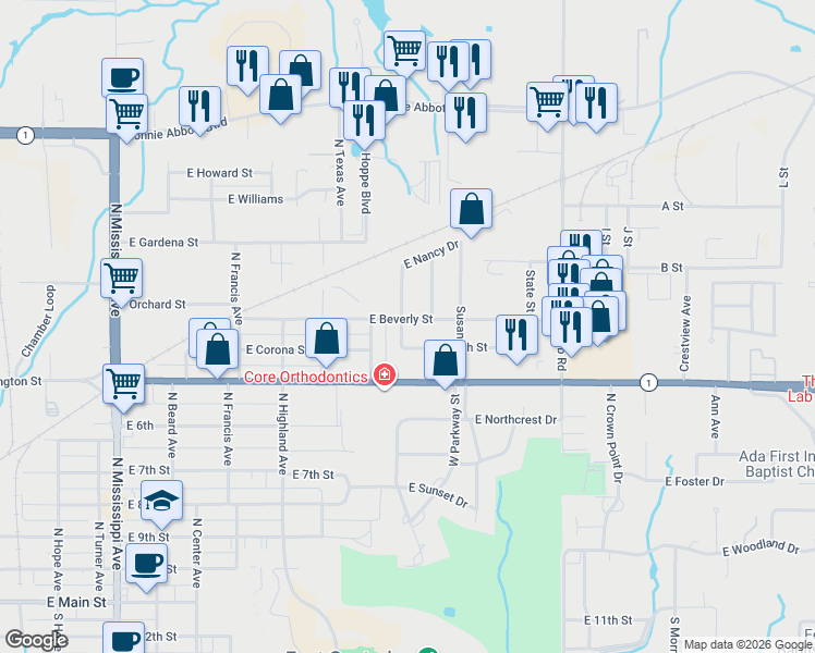 map of restaurants, bars, coffee shops, grocery stores, and more near 820 North Nancy Drive in Ada