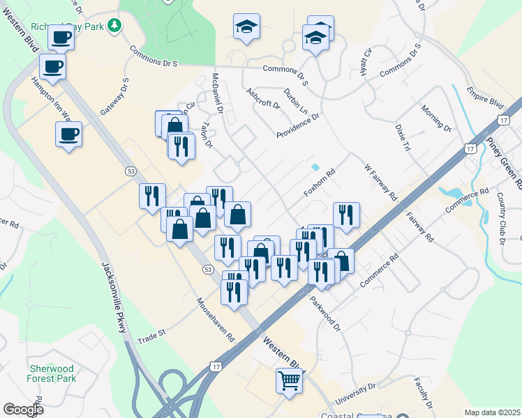 map of restaurants, bars, coffee shops, grocery stores, and more near 2037 West Steeplechase Court in Jacksonville