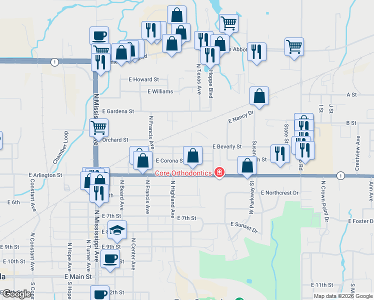 map of restaurants, bars, coffee shops, grocery stores, and more near 914 North Texas Avenue in Ada