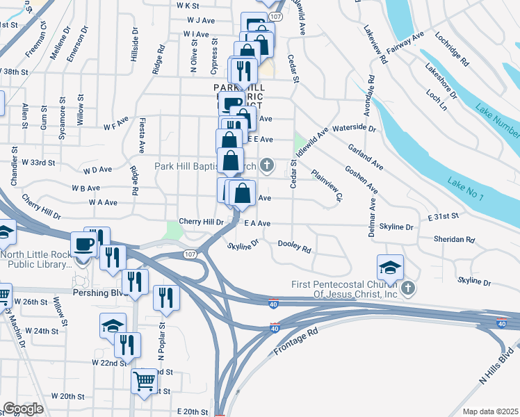 map of restaurants, bars, coffee shops, grocery stores, and more near 3114 Pine Street in North Little Rock