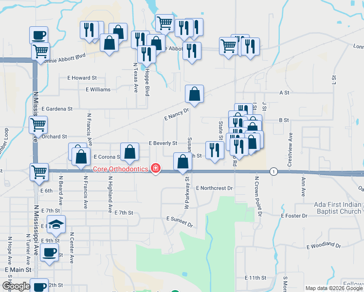 map of restaurants, bars, coffee shops, grocery stores, and more near 1505 East Beverly Street in Ada