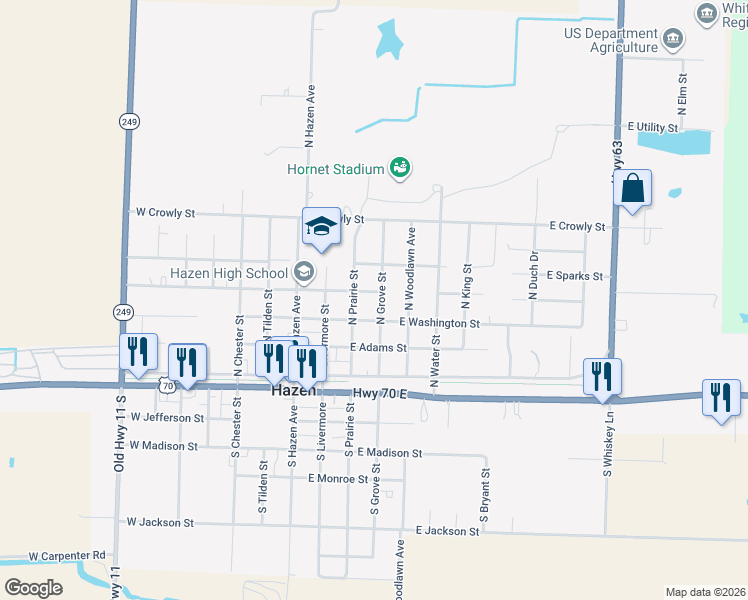 map of restaurants, bars, coffee shops, grocery stores, and more near 308 North Grove Street in Hazen