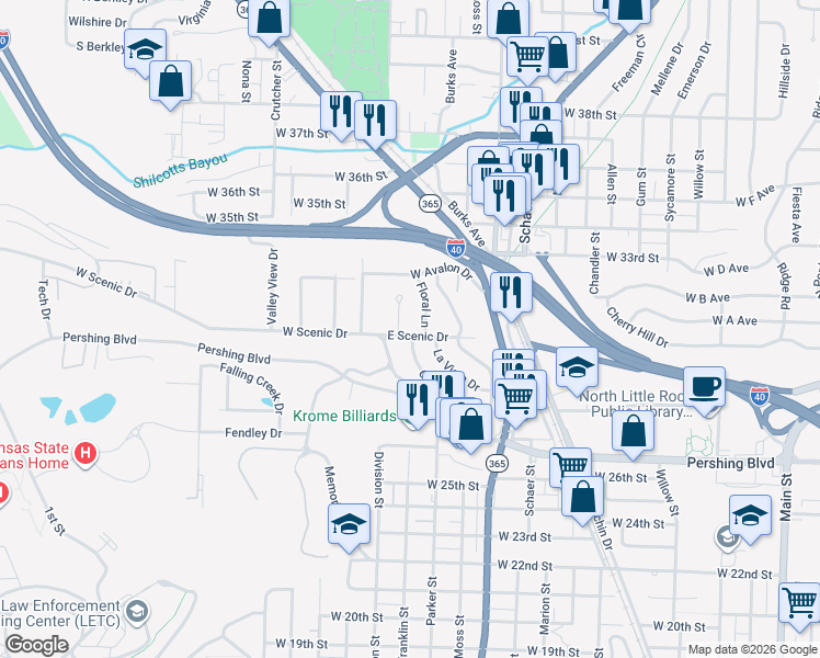map of restaurants, bars, coffee shops, grocery stores, and more near 205 East Scenic Drive in North Little Rock
