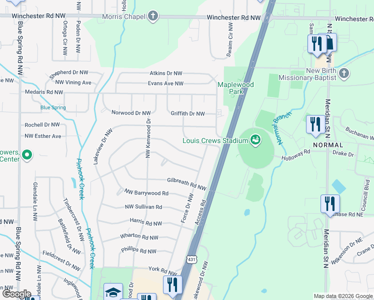 map of restaurants, bars, coffee shops, grocery stores, and more near 2108 Norris Road Northwest in Huntsville