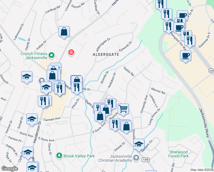 map of restaurants, bars, coffee shops, grocery stores, and more near 173 Audubon Drive in Jacksonville