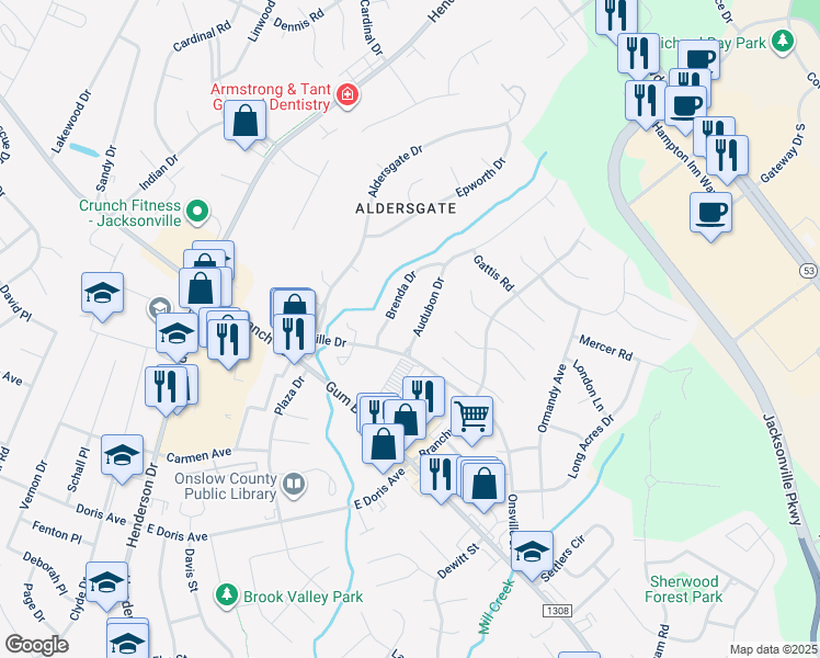 map of restaurants, bars, coffee shops, grocery stores, and more near 173 Audubon Drive in Jacksonville