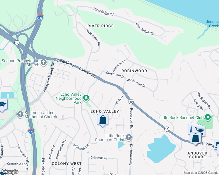 map of restaurants, bars, coffee shops, grocery stores, and more near 4 Robinwood Drive in Little Rock