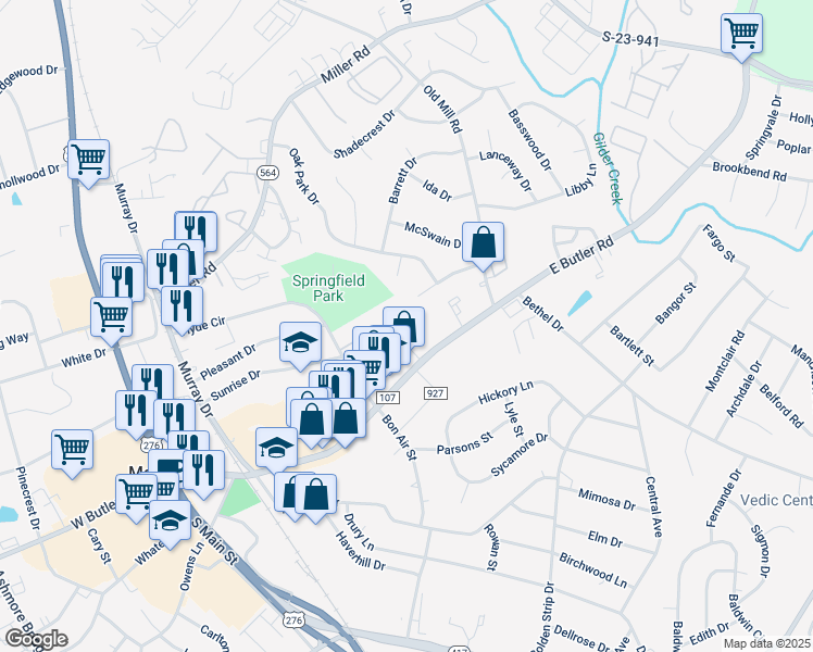map of restaurants, bars, coffee shops, grocery stores, and more near 52 Moore Street in Mauldin