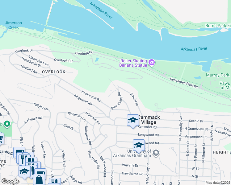 map of restaurants, bars, coffee shops, grocery stores, and more near 1 Sunset Cir in Little Rock