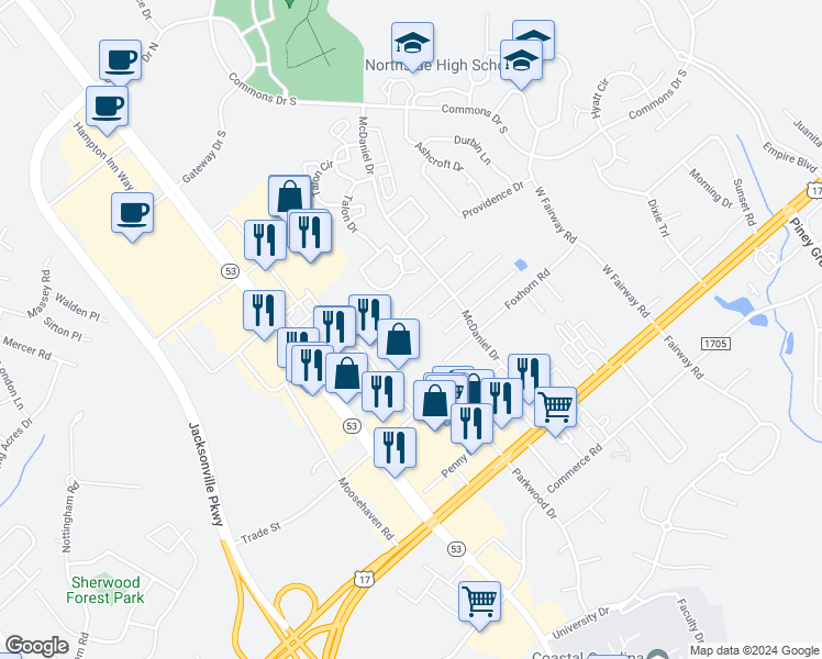 map of restaurants, bars, coffee shops, grocery stores, and more near 2026 Derby Run Road in Jacksonville