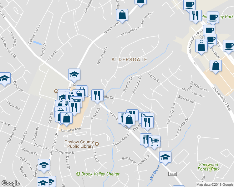 map of restaurants, bars, coffee shops, grocery stores, and more near 106 North Onsville Place in Jacksonville