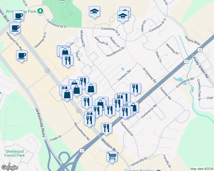 map of restaurants, bars, coffee shops, grocery stores, and more near 2046 West Steeplechase Court in Jacksonville