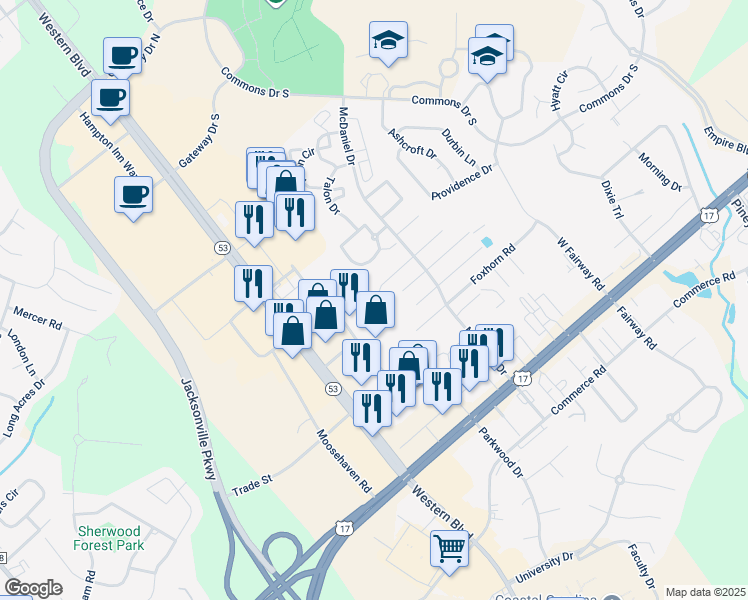 map of restaurants, bars, coffee shops, grocery stores, and more near 2023 Derby Run Road in Jacksonville