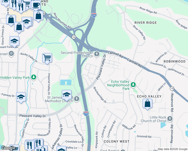 map of restaurants, bars, coffee shops, grocery stores, and more near 307 Cambridge Place Drive in Little Rock
