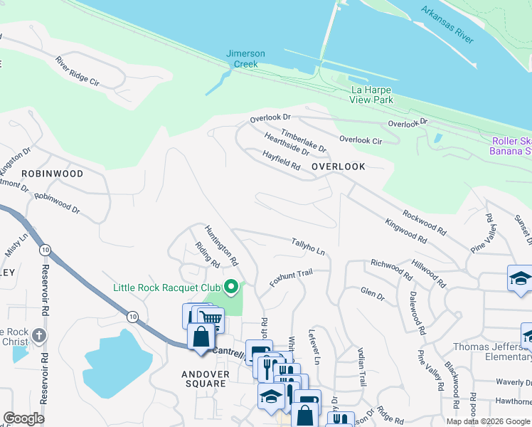 map of restaurants, bars, coffee shops, grocery stores, and more near 36 Woodglen Road in Little Rock
