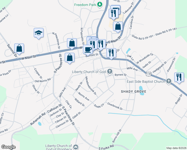 map of restaurants, bars, coffee shops, grocery stores, and more near 5 Mills Ct in Liberty