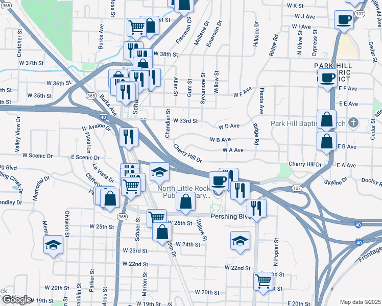 map of restaurants, bars, coffee shops, grocery stores, and more near 1005 Cherry Hill Dr in North Little Rock