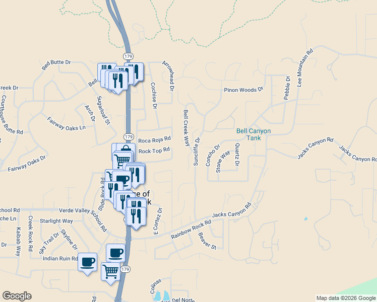 map of restaurants, bars, coffee shops, grocery stores, and more near 160 Suncliffe Drive in Sedona