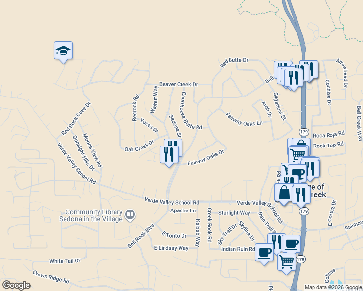 map of restaurants, bars, coffee shops, grocery stores, and more near 30 Sedona Street in Sedona